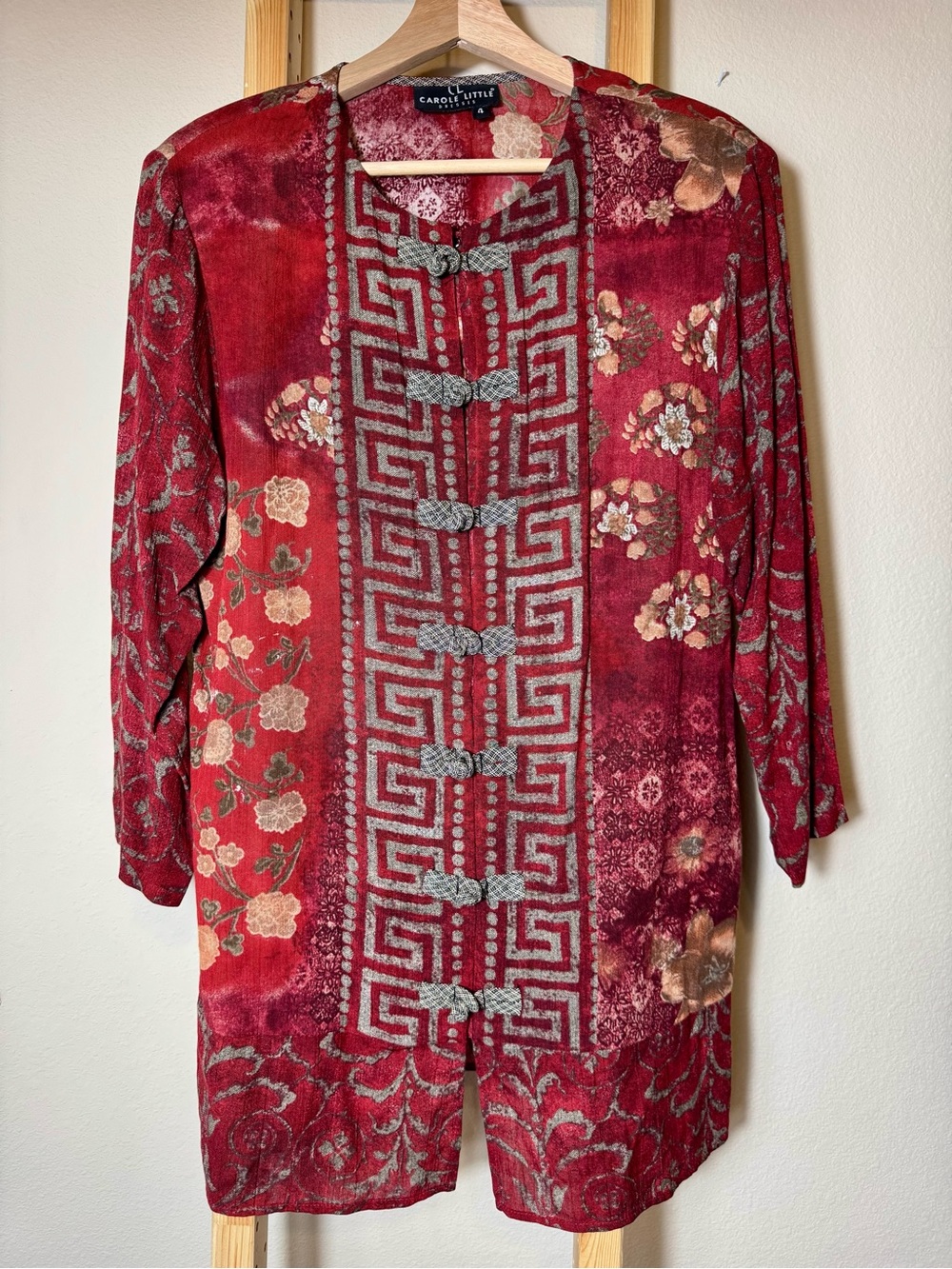 Vintage Carole Little Red Asian Inspired Mandarin Jacket Floral Frog Closure 4